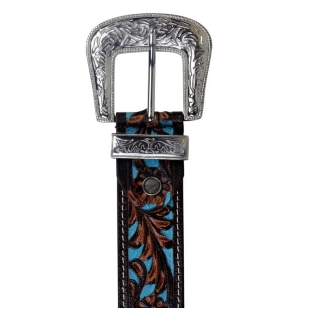 Myra turquoise hand tooled, painted leather belt